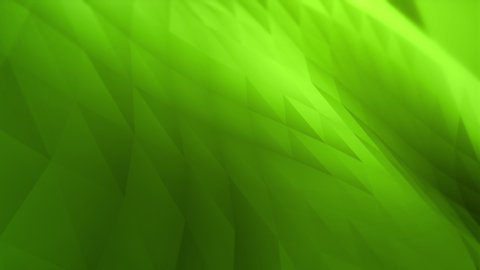 Green colored waving low polygonal surface template. Bright triangular geometry background animation in 4K. Abstract backdrop with depth of field blur effect. Graphic relief digital structure