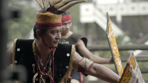 East Jakarta , Jakarta / Indonesia - 06 07 2018: Dayak Kalimantan traditional dance in Central Kalimantan pavillion, Taman Mini Indonesia Indah, Jakarta, Indonesia