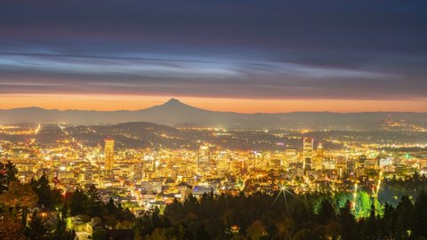 Portland autumn foliage and Mt hood with colorful sunrise in zooming time lapse