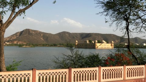 wide shot of jal mahal palace framed by trees and a wall in jaipur, india