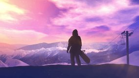 Snowboarder on the background of a bright sunset in the mountains.