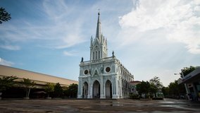 Famous Church Time lapse Catholic Church of Ratchaburi Province, The most Beautiful Church in thailand. footage video 4k.
