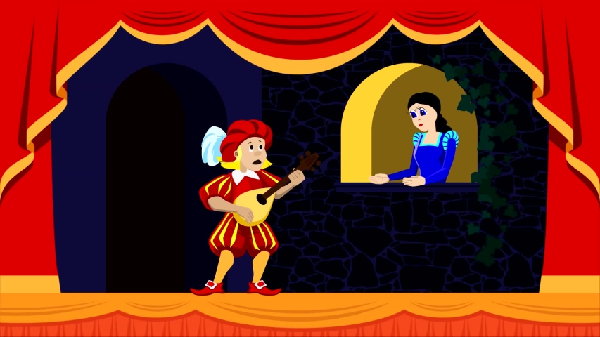Puppet Show Presentation.  The doll young man playing a mandolin under the window of his beloved. Romantic scene. Looped animation.