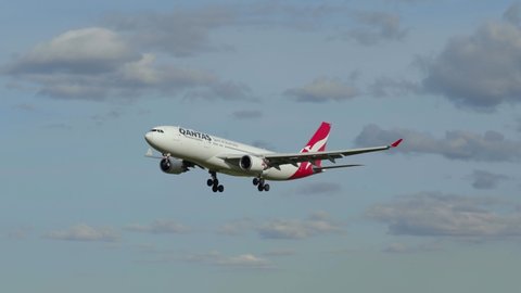 Melbourne, Australia - September 26, 2019: Qantas Airbus A330-202 twin engined commercial airliner VH-EBR landing at Melbourne International Airport.