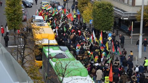 Helsingborg / Sweden - 10 12 2019: Pro-Kurdish protest in Helsingborg, SE against Turkey’s military operation.
