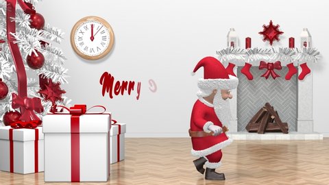 Santa Claus Pushing Gift. Merry Christmas and Happy New Year 2022 animation. Santa Claus with a Christmas gift near the Christmas tree. 