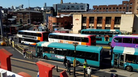 Liverpool / United Kingdom (UK) - 09 20 2019: Motion lapse view of Liverpool Queens Square Bus Station on a busy day