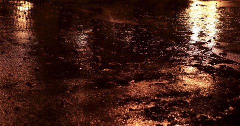 Rain drops drip in evening on asphalt outdoor with yellow light and leaves on ground in autumn forming puddle 