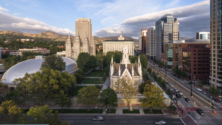 Salt Lake City, Utah, USA downtown cityscape over Temple Square at dusk.