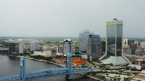 Jacksonville, Florida/USA - 09 03 2019: Aerial view of Jacksonville City, drone shooting of city, cloudy weather in Florida, bridges over the channel