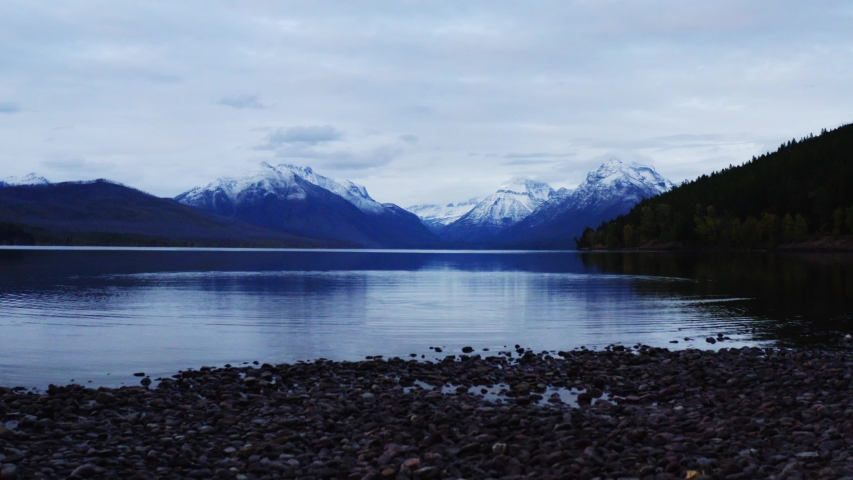 Lake McDonald in Glacier National Park, travel around the United States, beautiful Montana, snowy mountains