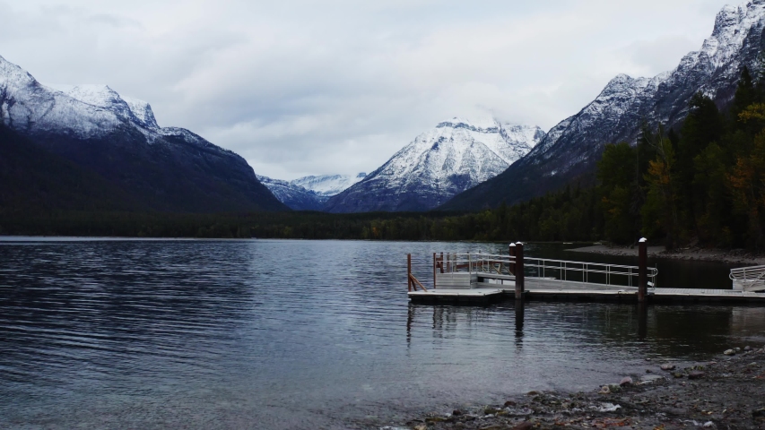 Lake McDonald in Glacier National Park, travel around the United States, beautiful Montana, snowy mountains
