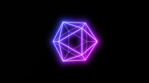 Set of Neon Light Icosahedron 3D Shape Animation Loops on Back Background. Includes 3 loop-ready full rotations on vertical, horizontal and combined triple-axis.