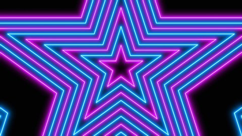 Neon Light Radial Concentric Star Shapes Flashing Pattern Loop.  Blue and pink colored bright lines on a black background.