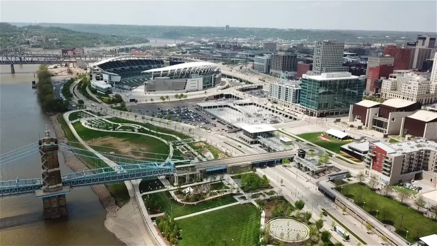 Sunny Drone Aerial Footage Of Cincinnati Ohio Downtown, John A. Roebling, Paul Brown Stadium and Smale Park 