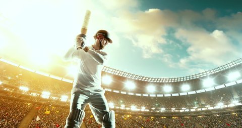 Cricket player in action on a professional cricket stadium. The player wears unbranded clothes. The stadium is made in 3D with no existing references.