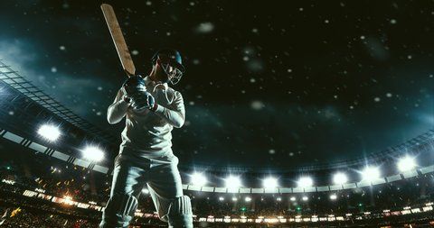 Cricket player in action on a professional cricket stadium. The player wears unbranded clothes. The stadium is made in 3D with no existing references.
