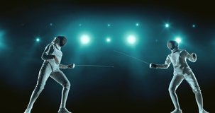 Two fencing sportswomen on professional arena
