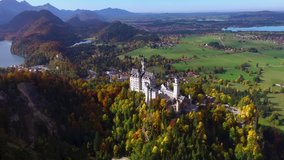 Aerial shot of the beautiful fairytale Neuschwanstein castle in Bayern, Germany