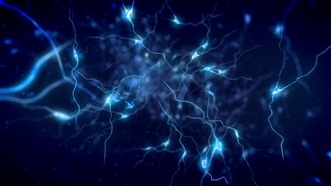 Fly through a neuron cell network inside the brain with electric impulses passes by it.