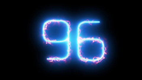 Blue lights form luminous numeral 96 on black background. Appears and disappears. Fiery style.  4k.  Seamless loop.