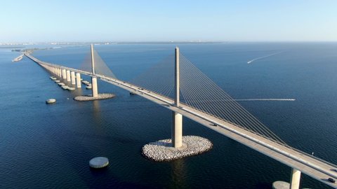 Aerial view of Sunshine Skyway, Tampa Bay Florida, USA. Cable-stayed bridge spanning the Lower Tampa Bay connecting St. Petersburg