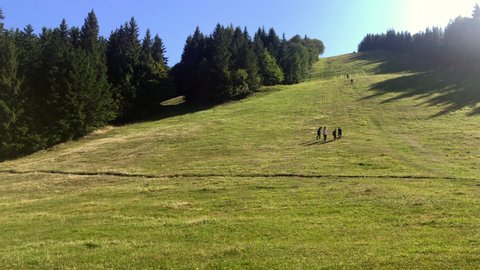 Family hiking. Hikers walking down the hill. Outdoor sports recreation activity. Summer holiday vacation tourism. Tourists walking. Ski resort in Sachticky, Slovakia in summer. 
