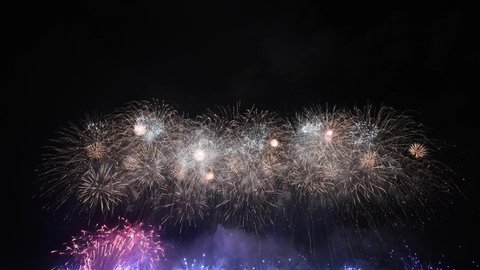 Real Fireworks on Deep Black Background Sky on Fireworks festival show before Happy New Year Party 2020