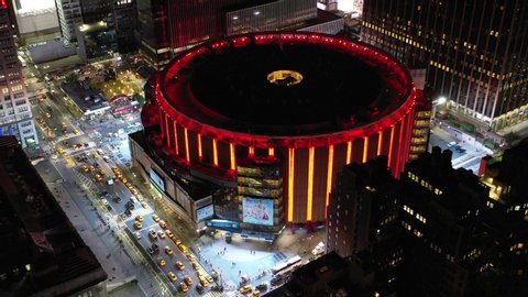 New York, New York / USA - October 15, 2019 : Aerial of Madison Square Garden in New York City at night.