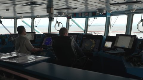 Star Legend, Windstar Cruises - Sept. 13, 2019: Crew Members on Ship Bridge interior shot