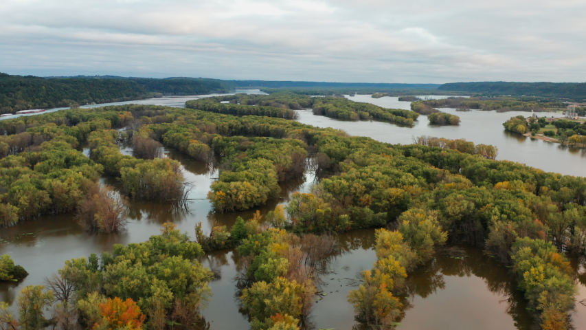 Aerial view of Upper Mississippi river (bottomland forests, open water, wetlands, islands) at Wisconsin Minnesota border. Autumn fall season (october). Landscape from above, drone shot. Sunrise, sunny