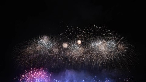 Real Fireworks on Deep Black Background Sky on Fireworks festival show before Happy New Year Party 2020