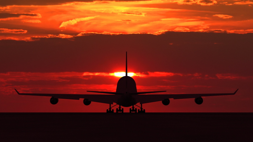 Large passenger airplane taking off and flying towards scenic orange sunset. Suitable as an iillustration for tourism, holidays, vacation, success, business and transportation concept video Royalty-Free Stock Footage #1039228478