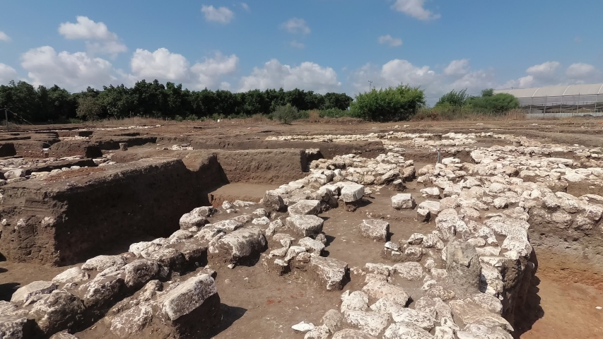 View of archaeological excavation site Ein Esur from 5000-7000 year old Bronze Age and Chalcolithic period city, with houses, streets, artifacts.