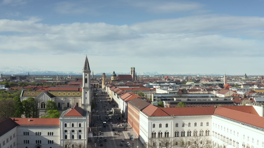 Aerial of the Ludwigstrasse around the Ludwig Maximilian University in Munich - Germany