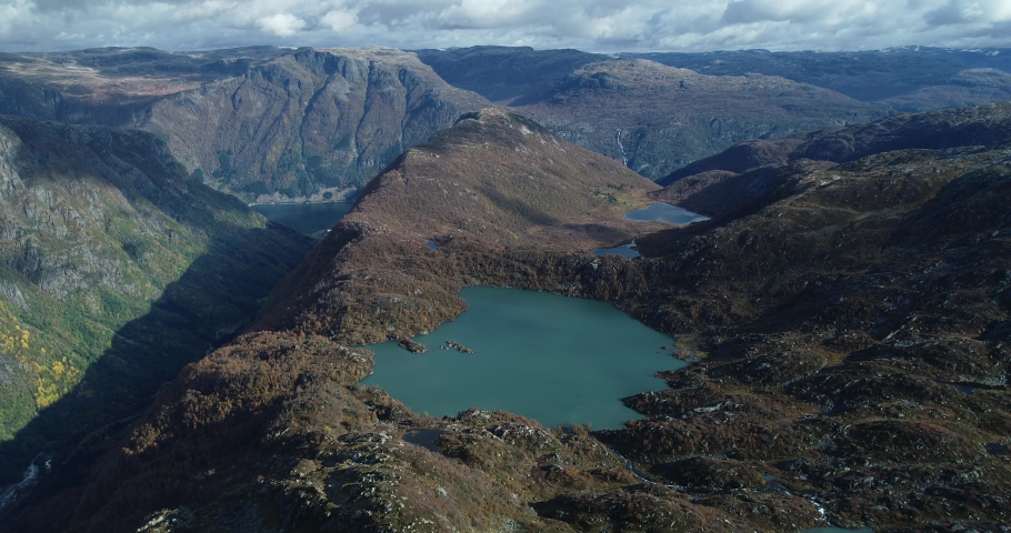 Aerial view of a glacier lakes in mountains. 