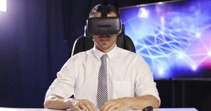 A young man takes off black virtual reality glasses. A businessman in a tie looks at the camera and laughs. Future is right now.