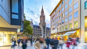 Skyline Munich marienplatz square time lapse hyperlapse video in 4k. autumn munchen city view of ton hall and church, chathedral in city centre.