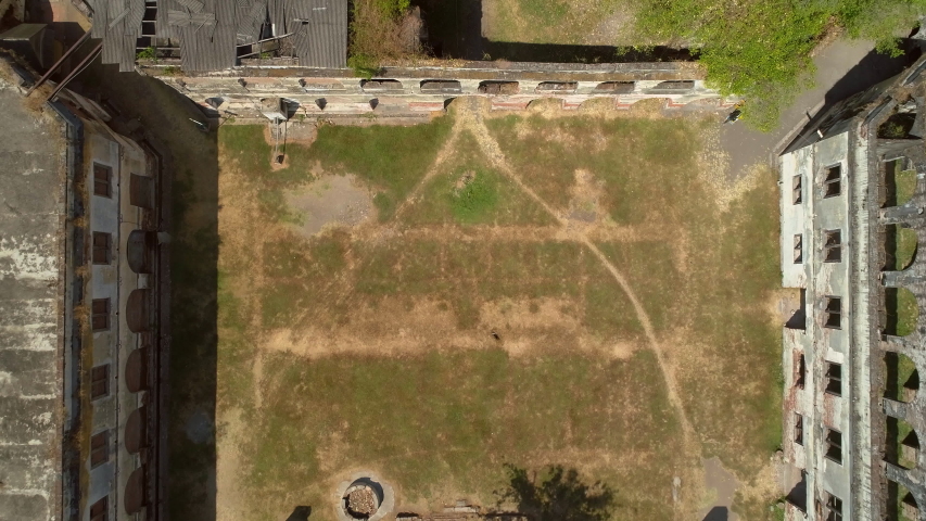 Slow turning down aerial footage top view of Van Den Bosch fort building heritage in Central Java, Indonesia
