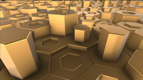 Animated 3d illustration of a golden background from hexagonal cylinders moving randomly relative to each other