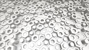 Animated 3d illustration of a gray background from hexagonal cylinders moving randomly relative to each other