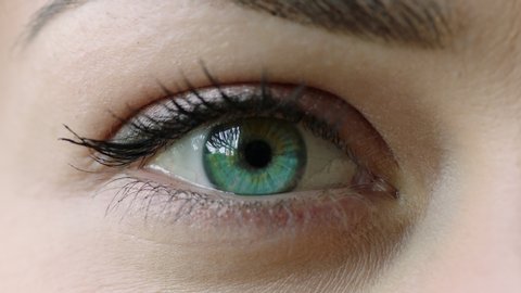 Women's beautiful mesmerizing, hypnotic young eye with black mascara on long lashes. Nude eyeshadow and black liner makes a make up. Close-up right eye macro with bright emerald green pupil. prores444