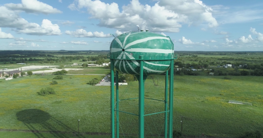 Watermelon Water Tower in Luling, Texas - Aerial Drone View