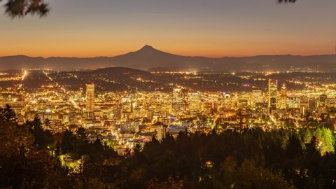 Portland with autumn foliage in twilight color transition at dawn on a windy day