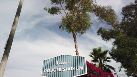 Los Angeles / United States - 09 28 2019: Welcome to Dodger Stadium sign, home of Los Angeles Dodgers, tilt view