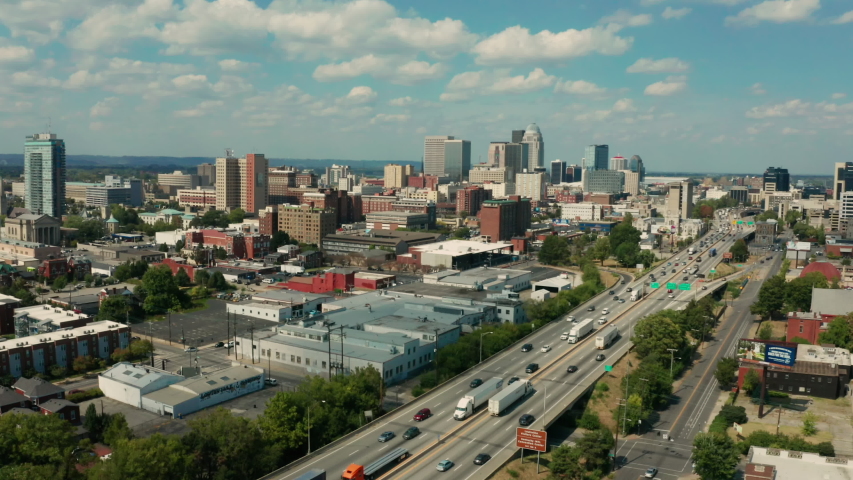Aerial Perspective over Downtown Louisville Kentucky Fats Motion Highway Traffic