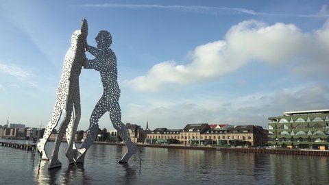 Berlin , Berlin / Germany - 09 28 2019: Molecule man of Berlin a famous symbol of reunion of east and west Germany