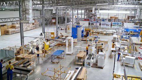 VINNITSA, UKRAINE - September 2019: Modern factory building. View of factory workshop interior and machines