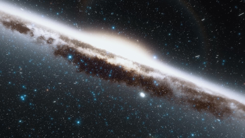 Camera on spaceship flies at the speed of light through a galaxy in space. Billions of stars in the Milky Way or Andromeda galaxy