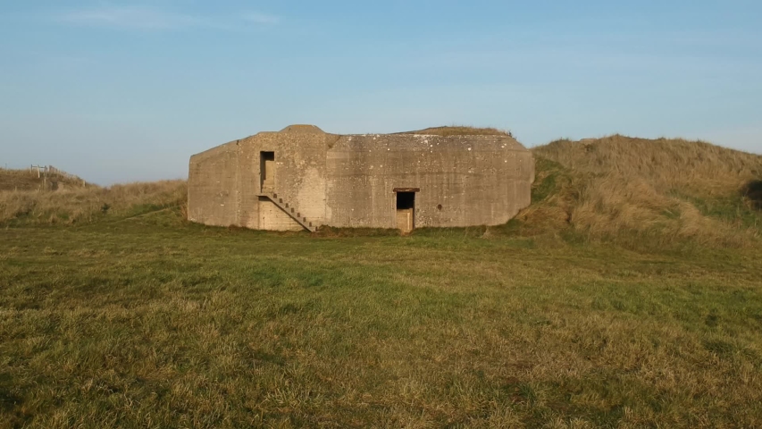 WWII Nazi bunker at Utah beach, Normandy, France, part of the Atlantic wall , Aerial unedited